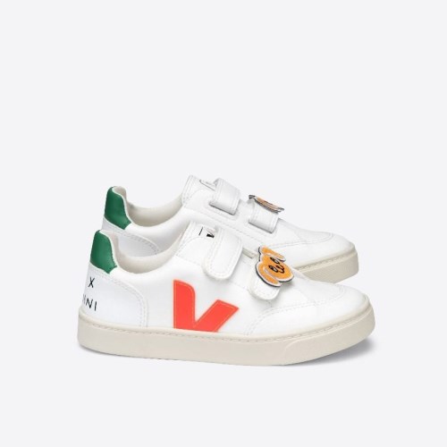 Veja V-12 Velcro CWL Mini-rodini Kids Trainers White/Orange/Green UK 47696